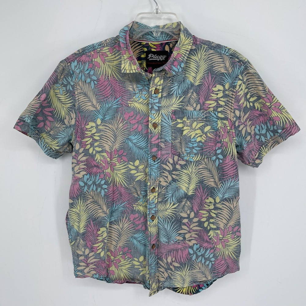 Plugg Men's Multicolor Tropical Leaf Print Short Sleeve Button Down Shirt Size M